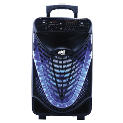 Naxa portable 12-inch Bluetooth party speaker with disco light, featuring colorful lighting effects and speaker grille design