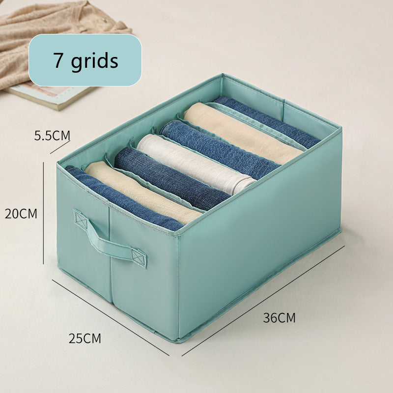 Denim pants drawer organizer box for neatly storing clothes, viewed from above