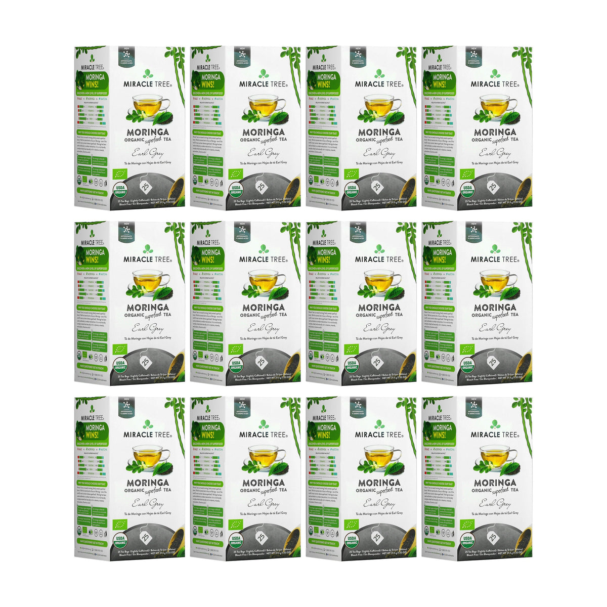 Organic Moringa Earl Grey herbal tea by Miracle Tree, featuring dried tea leaves and herbs in a clear tea cup.