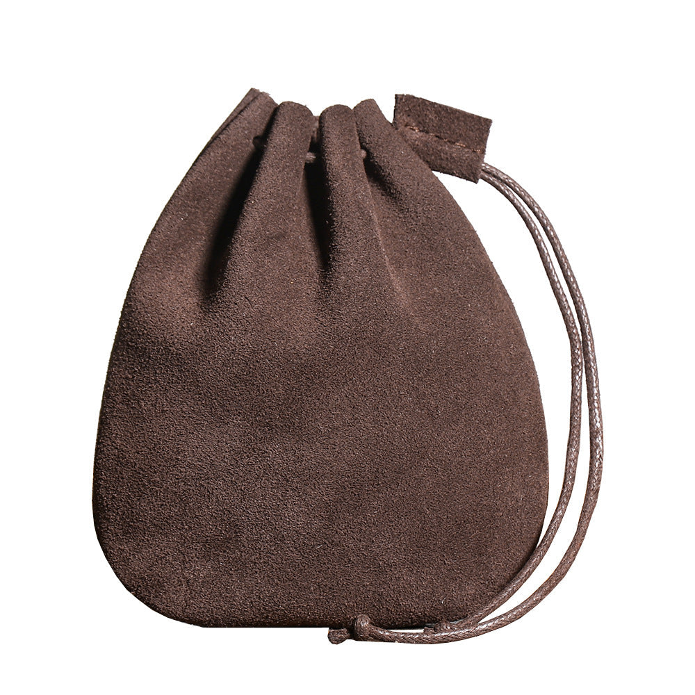 Vintage cowhide braided drawstring storage pouch wallet with leather texture and stylish design