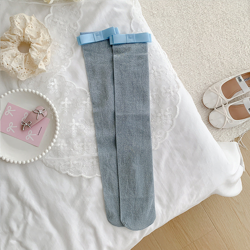 Women's cotton calf-length socks with silver-thread bow детали