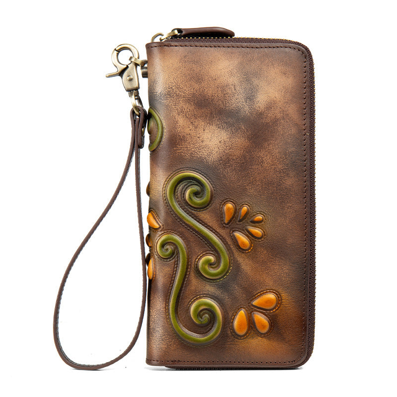 Women's retro casual zipper wallet in brown faux leather with multiple card slots and a compact design