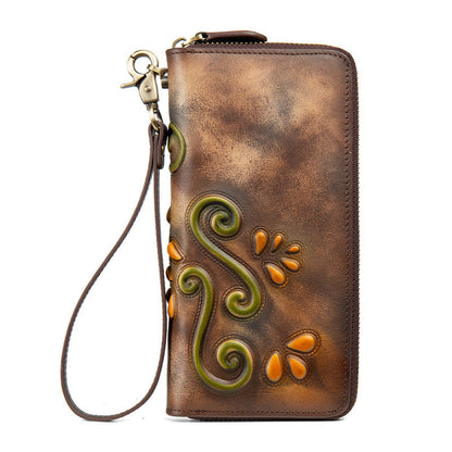 Women's retro casual zipper wallet in brown faux leather with multiple card slots and a compact design