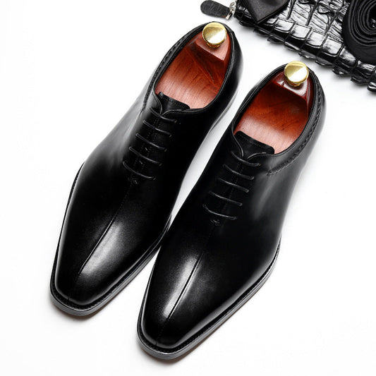 Men's leather wedding shoes, British pointed toe lace-up formal business footwear, Korean style