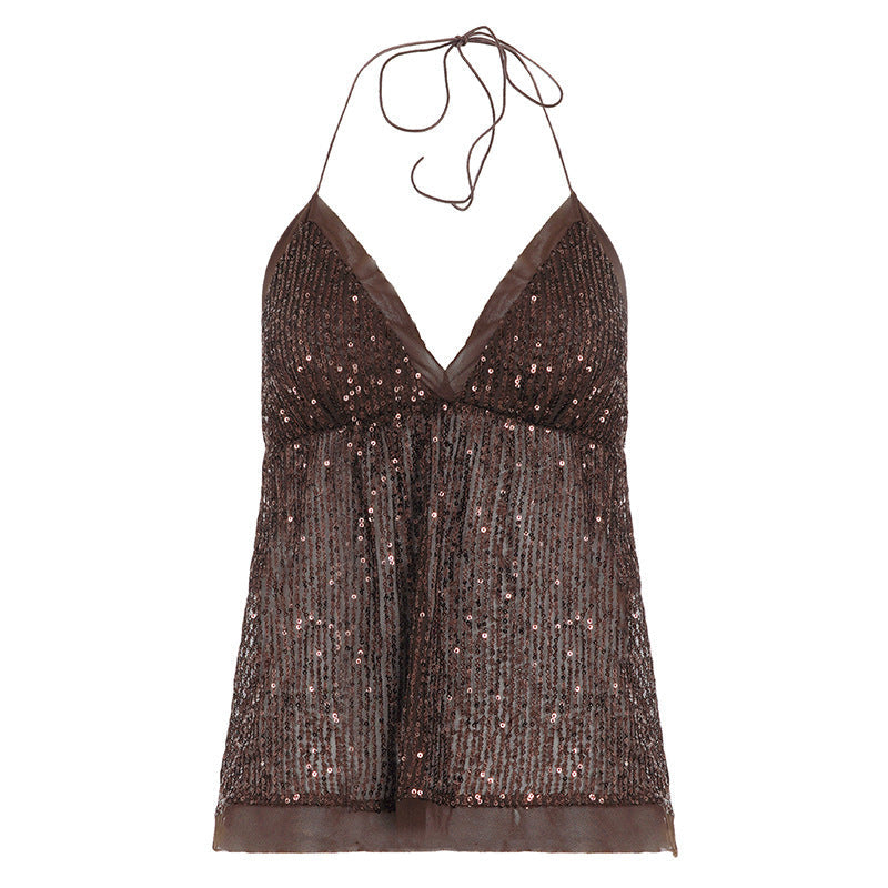 Sequin-embellished mesh halter-neck lace-up vest with sparkling details and a fitted silhouette