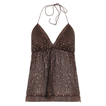Sequin-embellished mesh halter-neck lace-up vest with sparkling details and a fitted silhouette