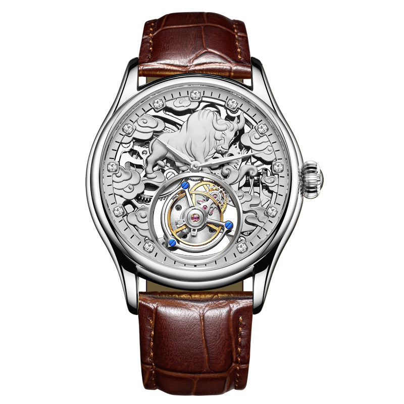 Double-sided gemstone glass mechanical watch with exposed movement and elegant case details