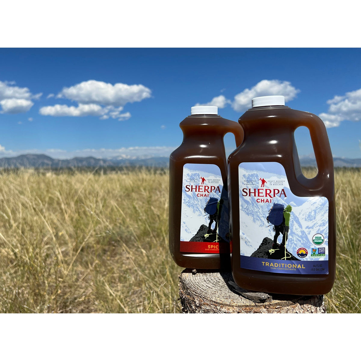Bottle of Sherpa Chai Chai Concentrate by Nepal Tea, featuring rich amber liquid and label with traditional design.