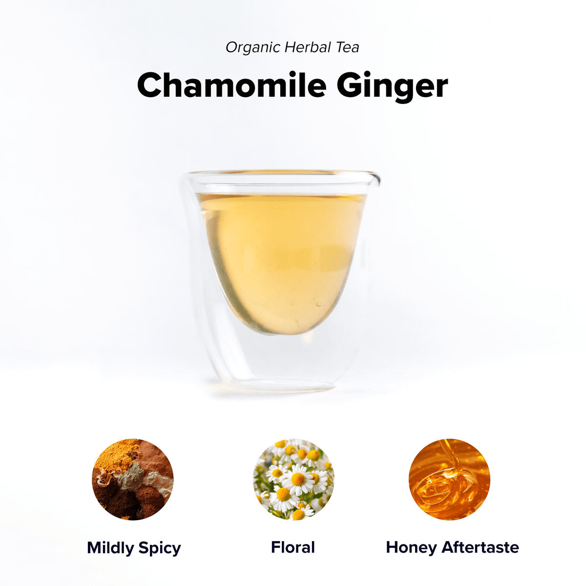 Organic chamomile and ginger tea blend by Nepal Tea, featuring fresh chamomile flowers and ginger root in a warm, soothing infusion.