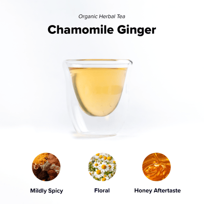 Organic chamomile and ginger tea blend by Nepal Tea, featuring fresh chamomile flowers and ginger root in a warm, soothing infusion.
