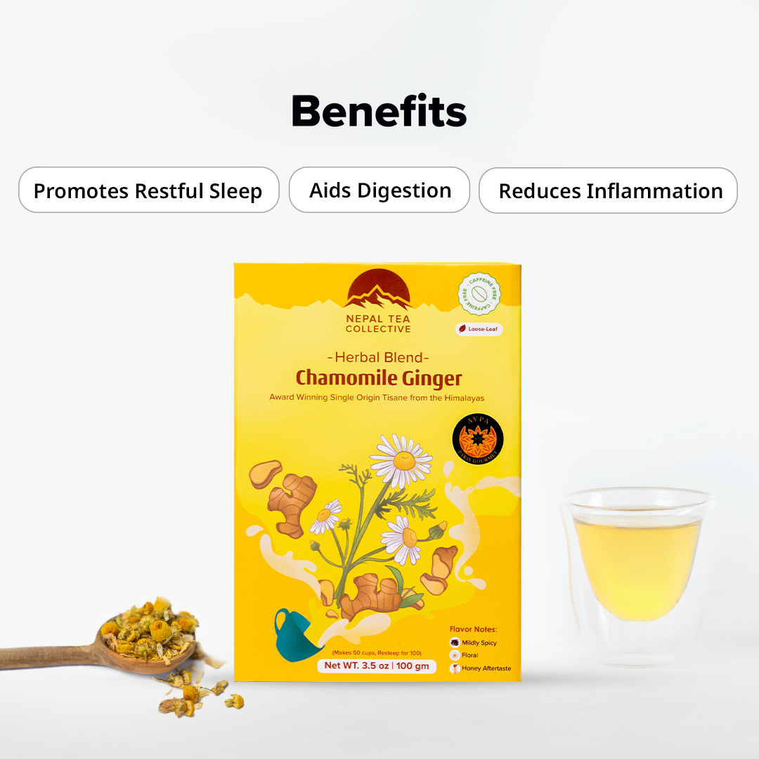 Organic Chamomile Tea with Ginger blend from Nepal Tea, featuring dried chamomile flowers and ginger root in a natural tea package.