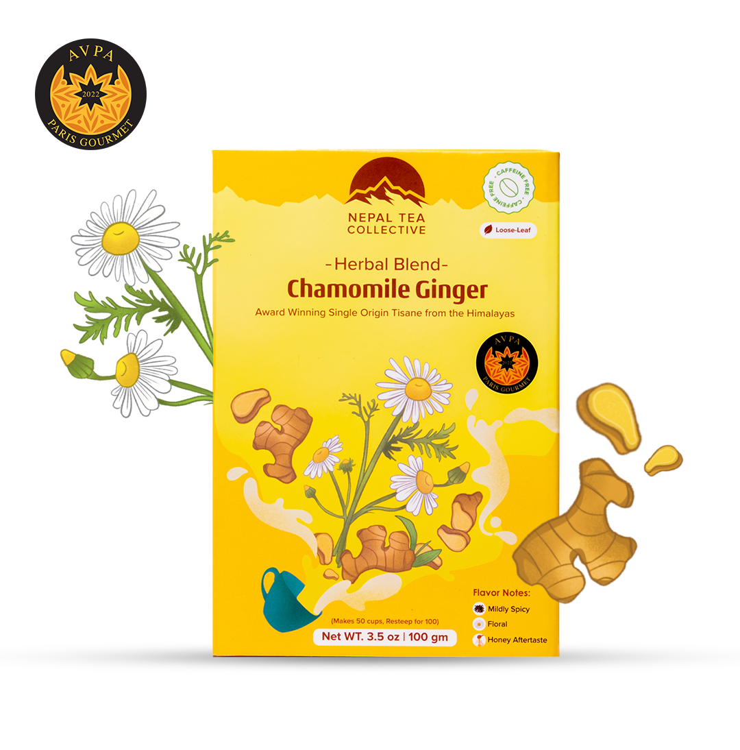 Organic Chamomile and Ginger tea blend from Nepal Tea, featuring dried chamomile flowers and ginger root in a peaceful herbal infusion.
