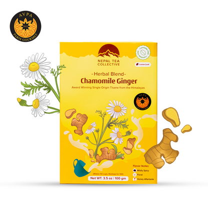 Organic Chamomile and Ginger tea blend from Nepal Tea, featuring dried chamomile flowers and ginger root in a peaceful herbal infusion.