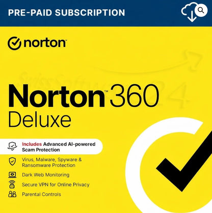 Norton 360 Deluxe antivirus software license box showing 5PC, 1-year protection, email bind, online delivery for Europe.