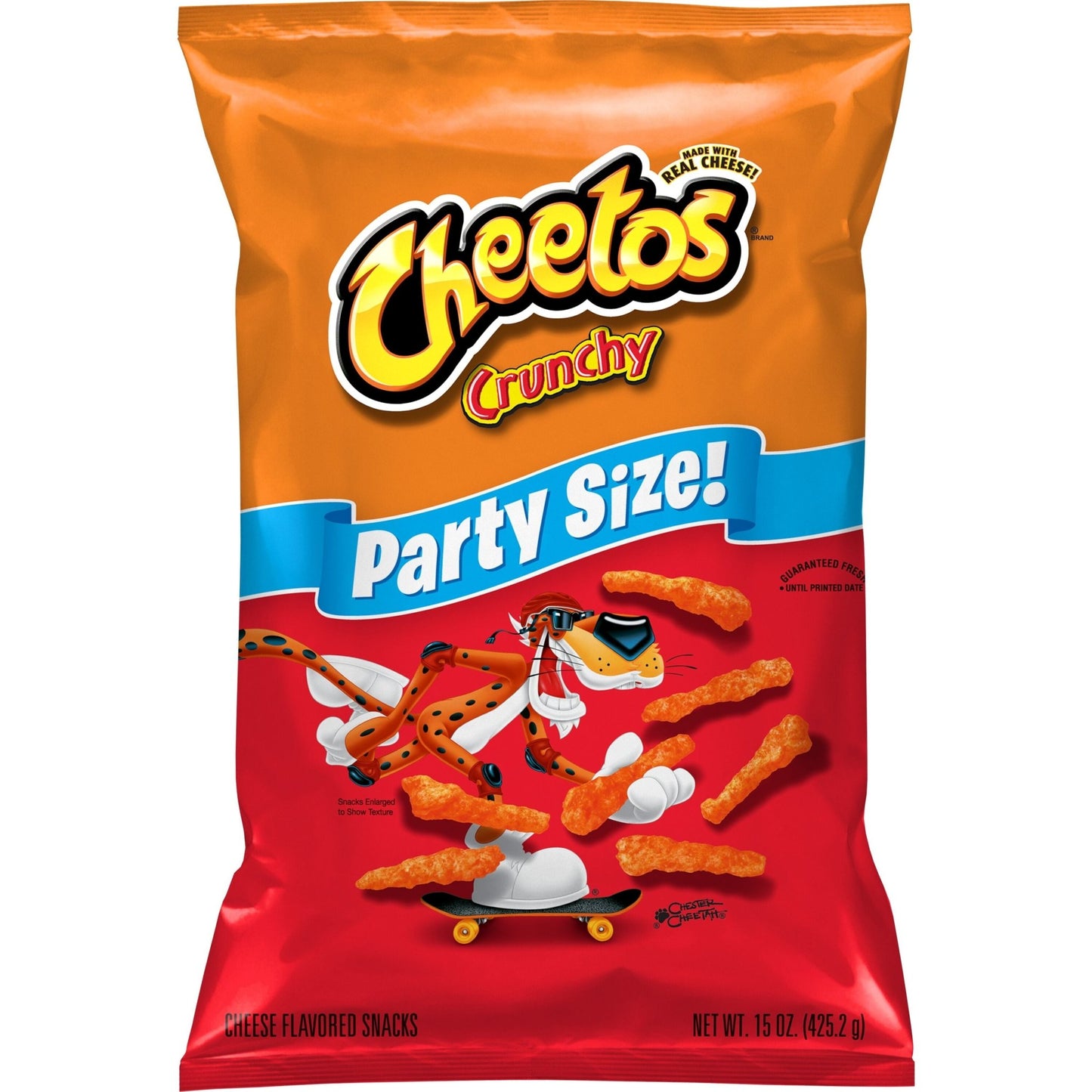 Cheetos Crunchy Cheese Flavored Snacks in a 15 oz bag, featuring crispy orange cheese snacks with a crunchy texture.