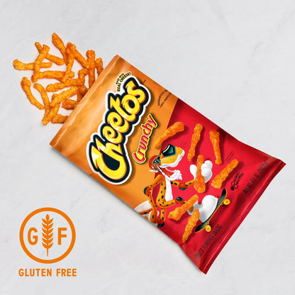 Cheetos Crunchy Cheese Flavored Snacks in a 15 oz bag, showing cheesy, crunchy Cheetos snacks with bright orange coating.