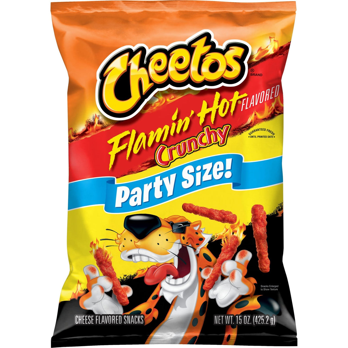 Cheetos Crunchy Cheese Flavored Snacks Flamin Hot party size 15 oz bag, showing crispy, spicy cheese-flavored snack pieces.