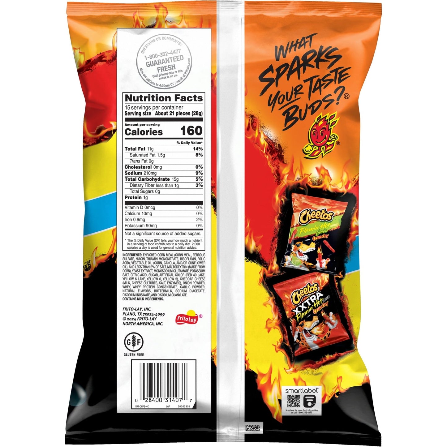 Cheetos Crunchy Cheese Flavored Snacks Flamin Hot in a 15 oz party size bag, crispy cheesy snack with spicy Flamin Hot flavor.