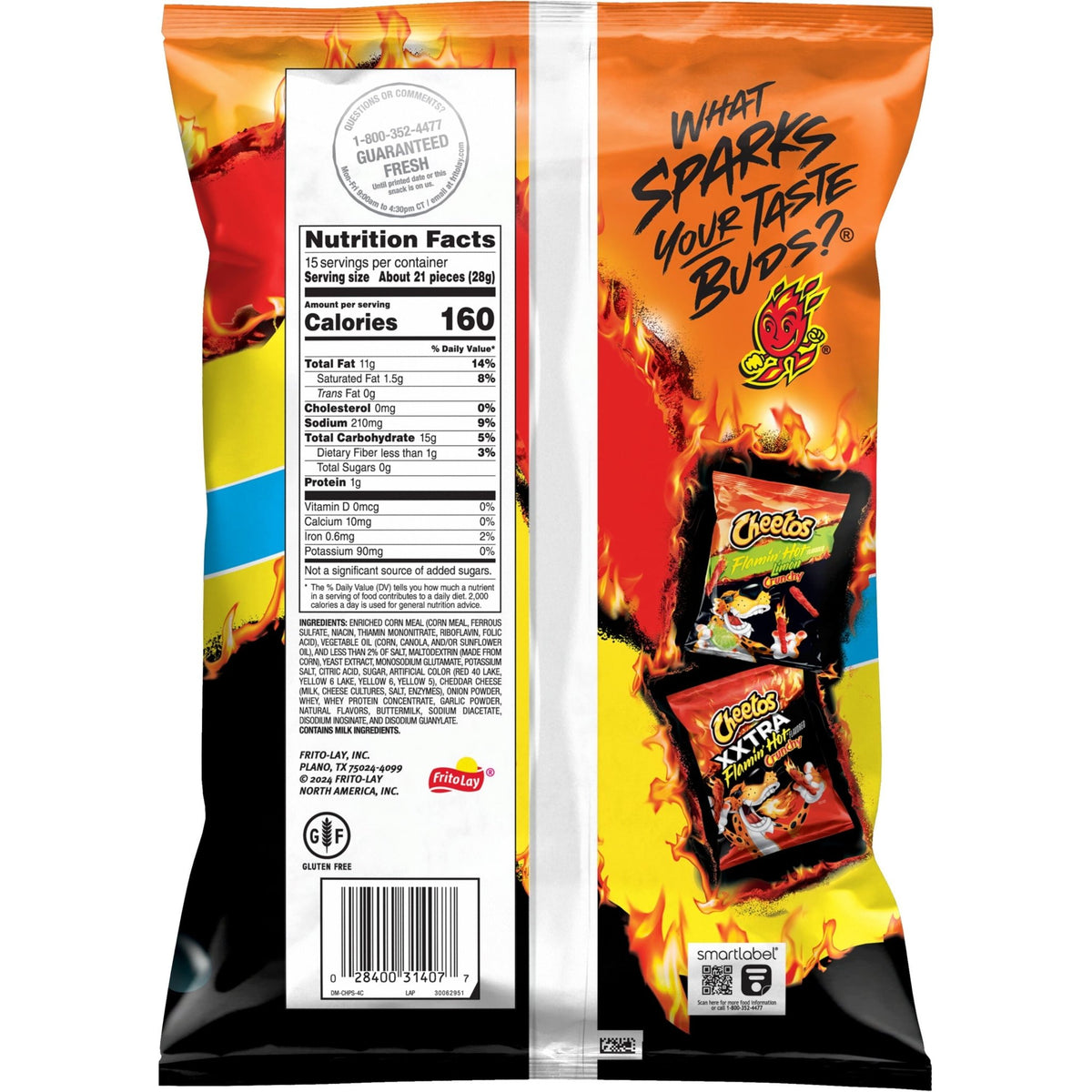 Cheetos Crunchy Cheese Flavored Snacks Flamin Hot in a 15 oz party size bag, crispy cheesy snack with spicy Flamin Hot flavor.