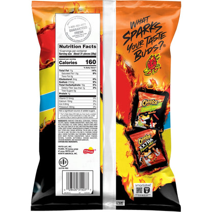 Cheetos Crunchy Cheese Flavored Snacks Flamin Hot in a 15 oz party size bag, crispy cheesy snack with spicy Flamin Hot flavor.