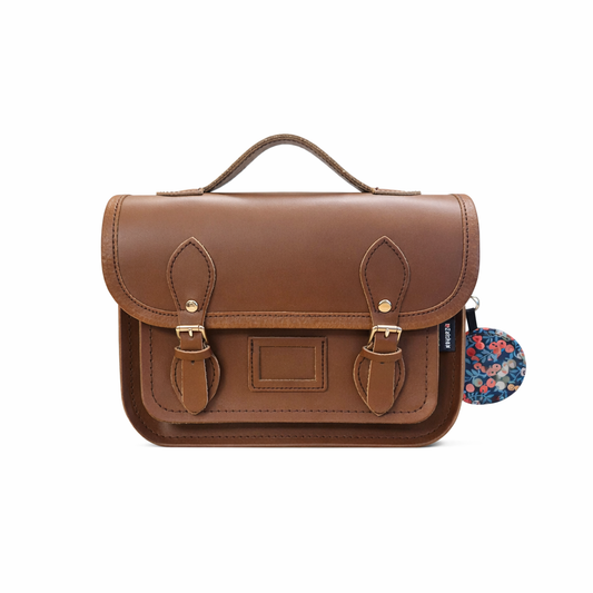 Zatchels floral lined leather midi satchel in chestnut color with a structured design and floral interior lining.