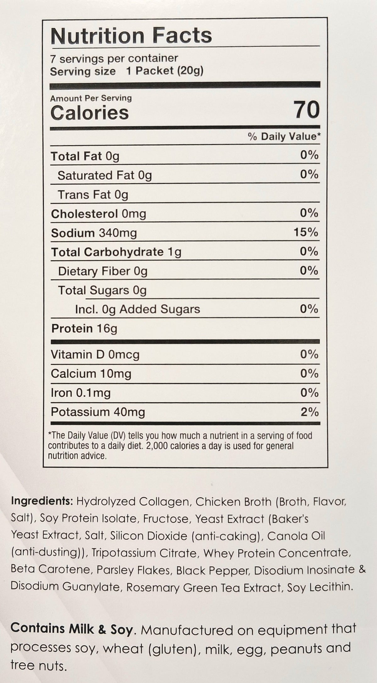 AmBari Nutrition chicken bouillon soup with nutrition facts label showing ingredients and nutritional information.