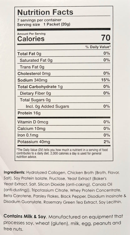 AmBari Nutrition chicken bouillon soup with nutrition facts label showing ingredients and nutritional information.