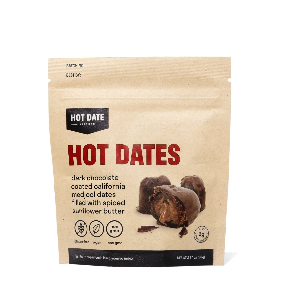Chocolate-covered Medjool dates filled with spiced sunflower butter from Hot Date Kitchen, candied fruit snack in a 12-pack.