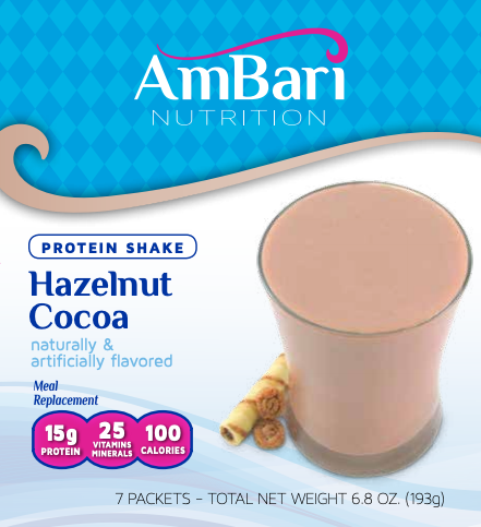AmBari Nutrition chocolate hazelnut shake in a glass, showing creamy hazelnut cocoa flavor, ideal as a meal replacement.