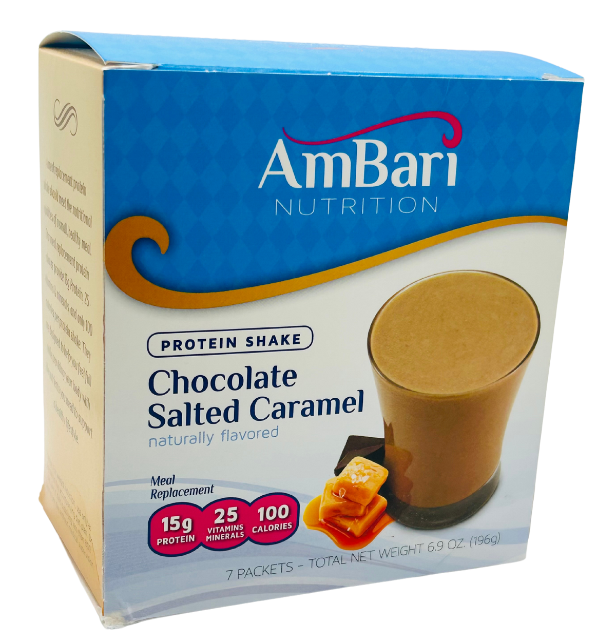Chocolate salted caramel shake made with AmBari Nutrition protein powder, featuring creamy chocolate and caramel flavors in a glass.