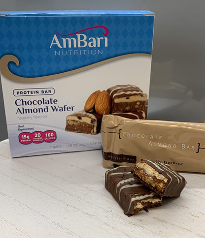 AmBari Nutrition chocolate almond wafer bar showing layered wafers, chocolate coating, and almond pieces.