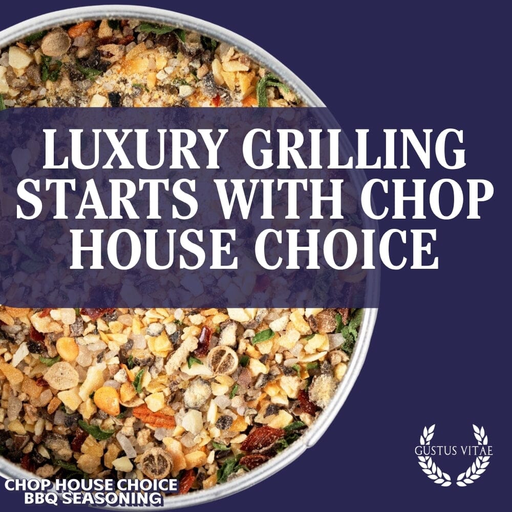 Gustus Vitae Chop House Choice BBQ Seasoning for bougie BBQ, featuring a flavorful blend in a jar.