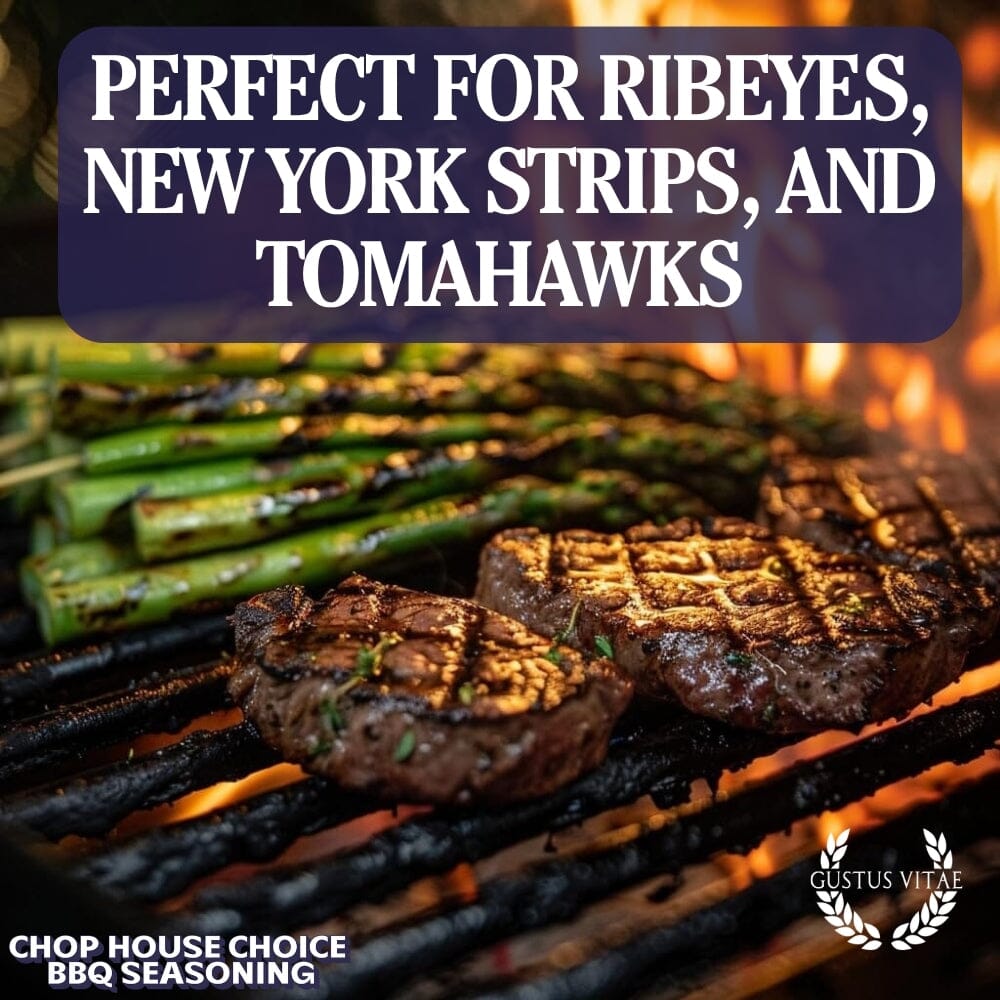 Gustus Vitae Chop House Choice BBQ Seasoning in a jar, ideal for bougie BBQ grilling and flavorful meat dishes