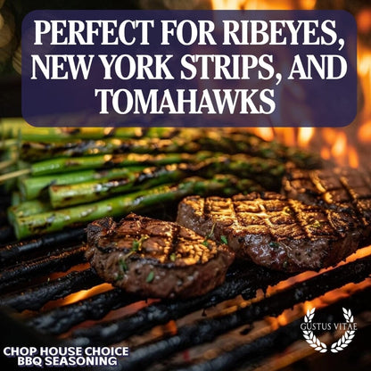 Gustus Vitae Chop House Choice BBQ Seasoning in a jar, ideal for bougie BBQ grilling and flavorful meat dishes