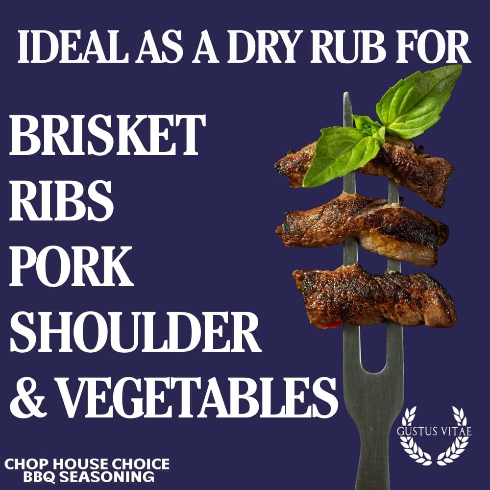 Gustus Vitae Chop House Choice BBQ Seasoning in a jar, bougie BBQ spice blend with rich herbs and spices for grilling.