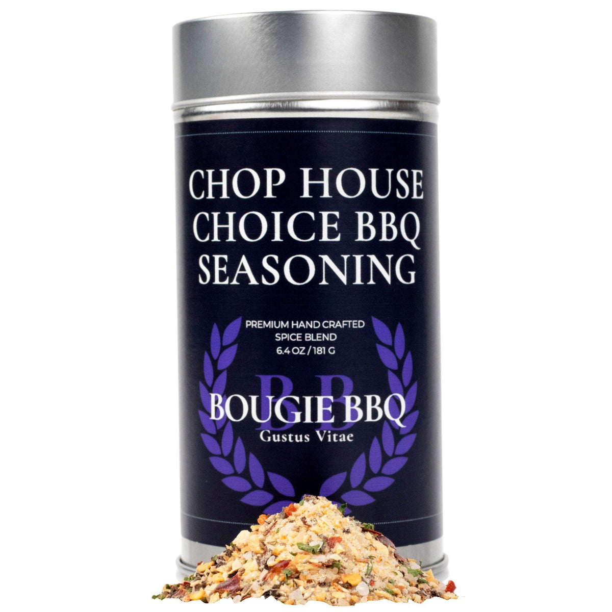 Gustus Vitae Chop House Choice BBQ Seasoning in a jar, ideal for bougie BBQ grilling and flavoring meats.