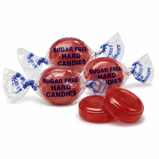 Cinnamon sugar-free hard candy from Candy In Bulk in a large value bag, shiny round candies with cinnamon flavor.