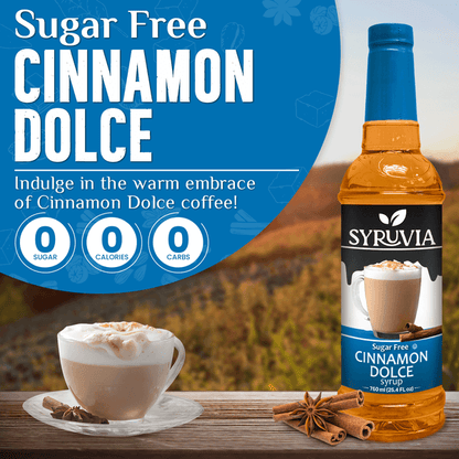 Bottle of Syruvia Sugar-Free Cinnamon Dolce Syrup with cinnamon sticks and vanilla beans on the label