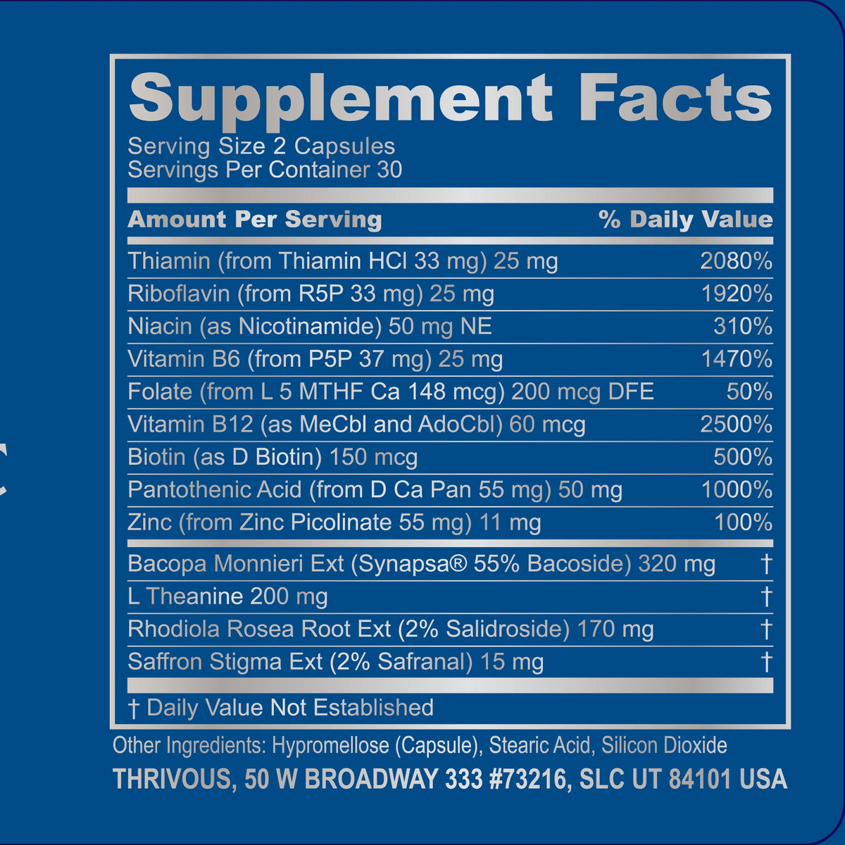 Bottle of Thrivous Clarity and Serenity Stack dietary supplement with label visible in the image.