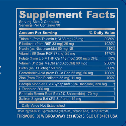 Thrivous nootropic stack dietary supplement bottle with clarity label, showing supplement details and branding on the label.