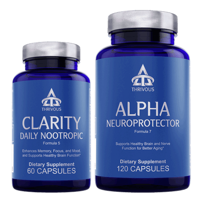 Two bottles of Thrivous Clarity and Alpha Stack dietary supplement, featuring label details and capsules inside clear bottles.
