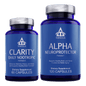 Two bottles of Thrivous Clarity and Alpha Stack dietary supplement, featuring label details and capsules inside clear bottles.