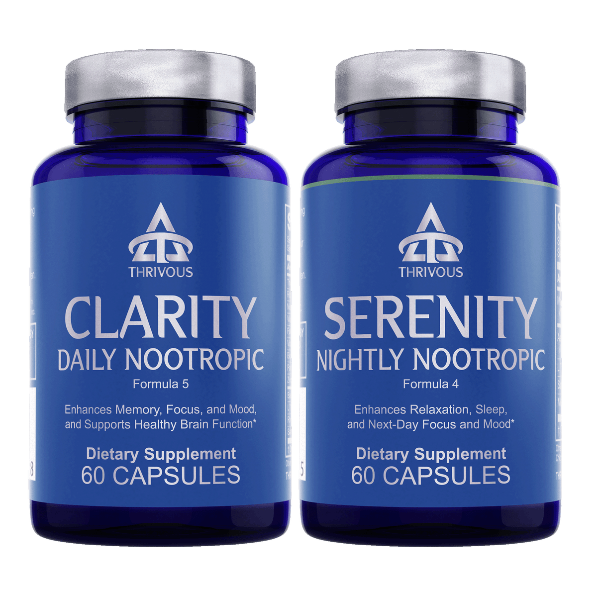 Two bottles of Thrivous Clarity and Serenity Stack dietary supplement with capsules in clear and blue bottles.
