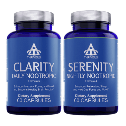 Two bottles of Thrivous Clarity and Serenity Stack dietary supplement with capsules in clear and blue bottles.