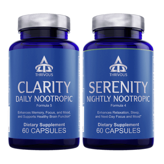 Two bottles of Thrivous Clarity and Serenity Stack dietary supplement with capsules in clear and blue bottles.