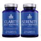 Two bottles of Thrivous Clarity and Serenity Stack dietary supplement with capsules in clear and blue bottles.