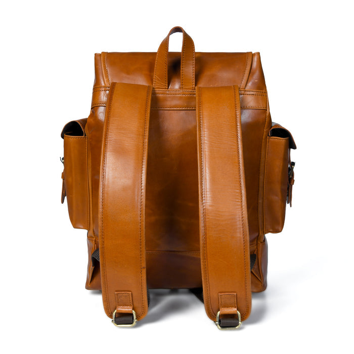 Earthen Leather Laptop Backpack by Classy Leather Bags, showing a stylish brown leather backpack with multiple compartments.