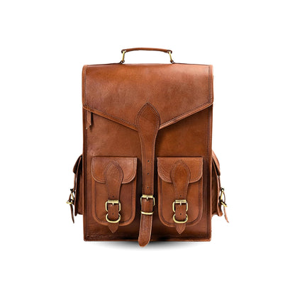 Vintage leather backpack rucksack by Classy Leather Bags, showing a stylish brown leather backpack with adjustable straps and classic design.