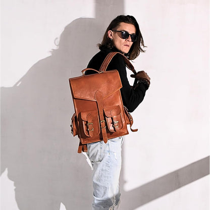 Vintage leather backpack rucksack from Classy Leather Bags, featuring a classic design with adjustable straps and multiple compartments.