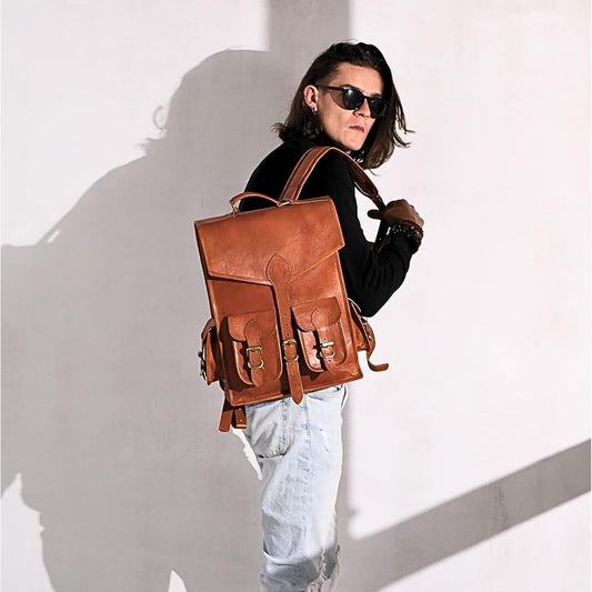 Vintage leather backpack rucksack from Classy Leather Bags, featuring a classic design with adjustable straps and multiple compartments.